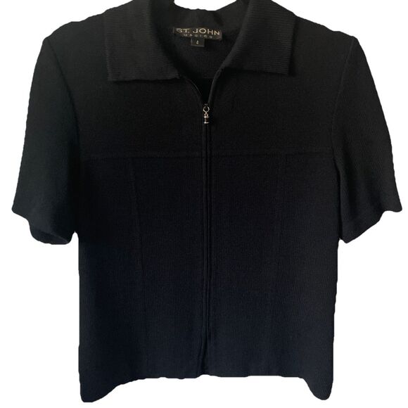 St. John Basics Santana Knit sup front Top Shirt Black Short Sleeve Size 4 - Picture 1 of 3